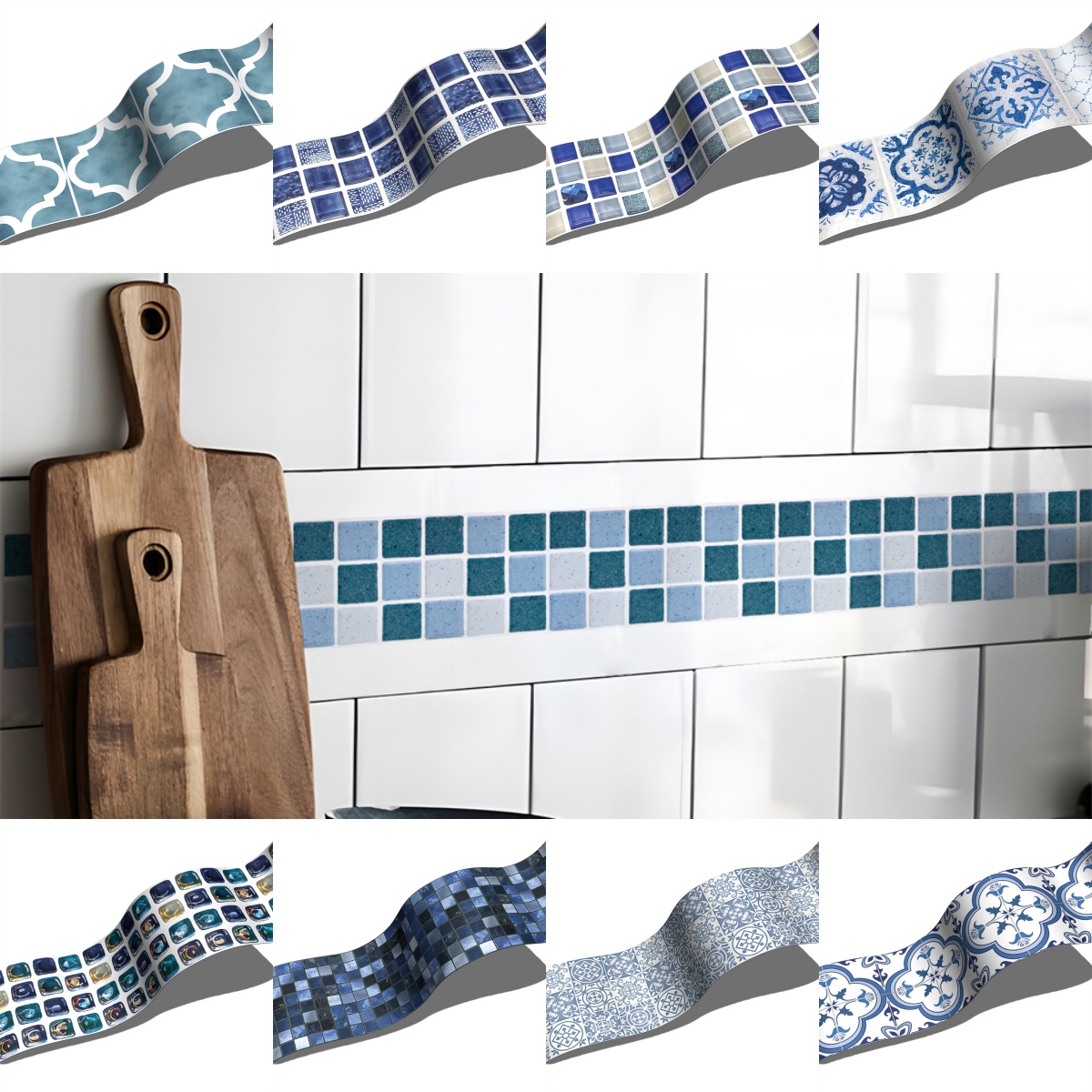 Ceramic Tile Blank - Blue Mosaic Self-Adhesive Baseboard Wall Stickers