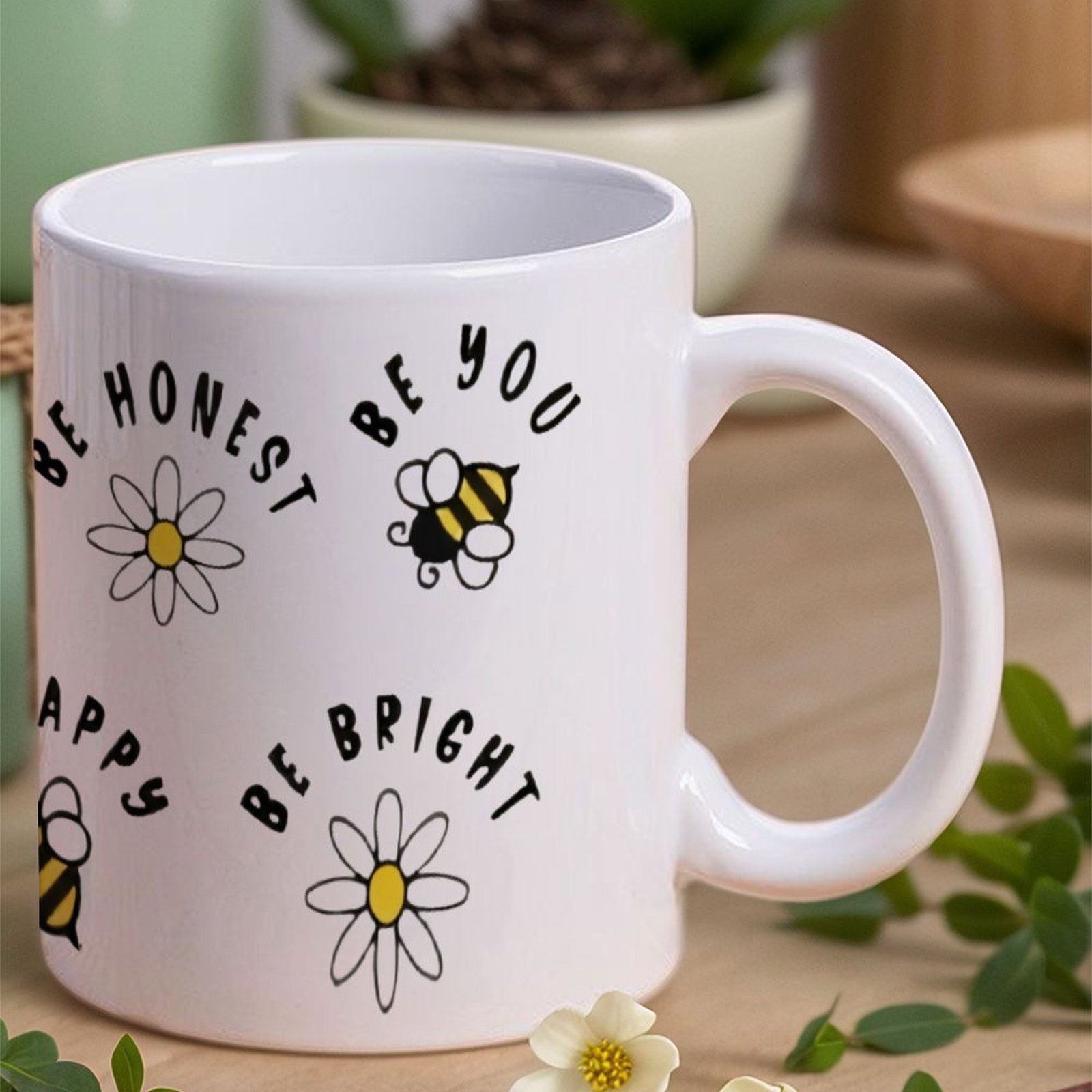 Sublimation Mug White - Four Stickers With Bees And Daisies