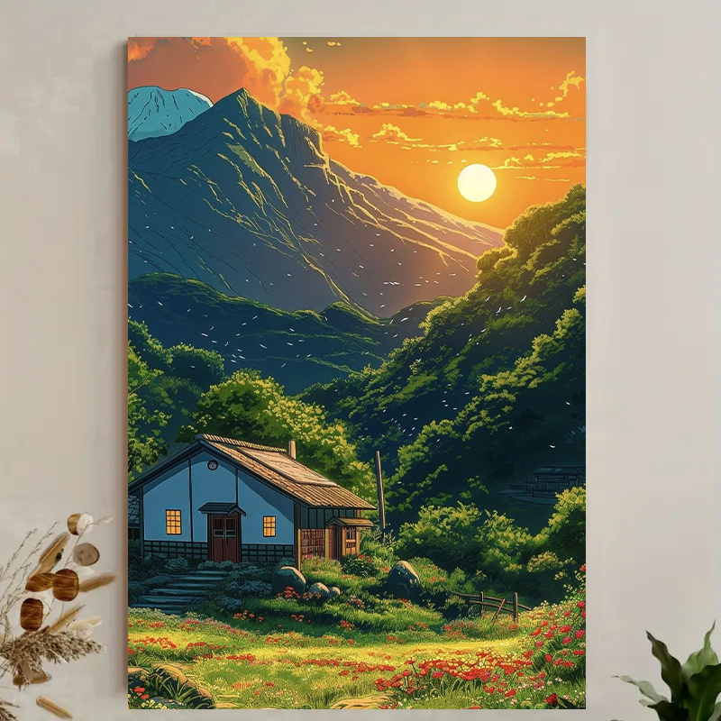 Canvas Wrap Ready - 1pc Mountain Cabin Sunset Canvas Wall